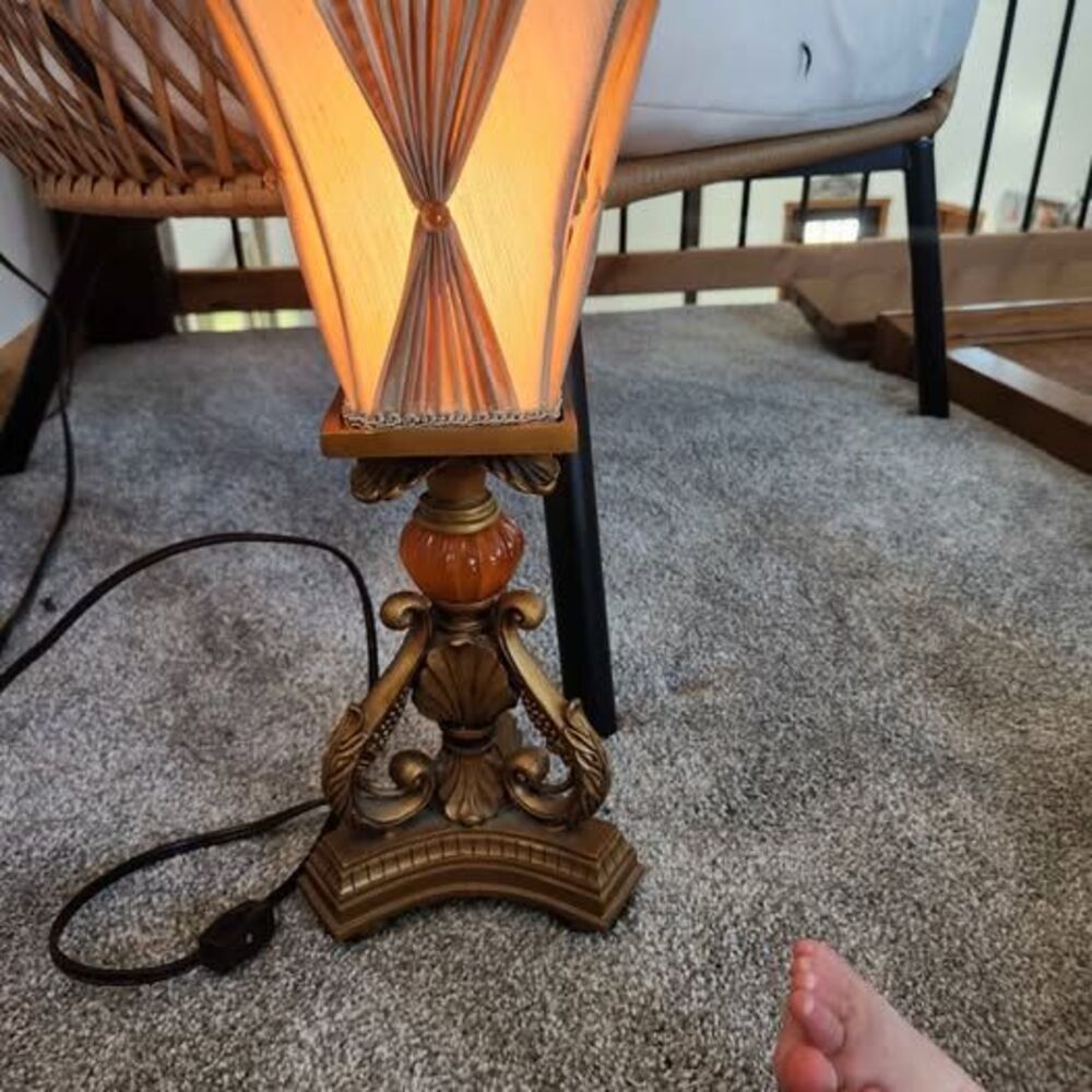 Vintage Ornate Gold & Amber Accent Lamp with Pleated Shade